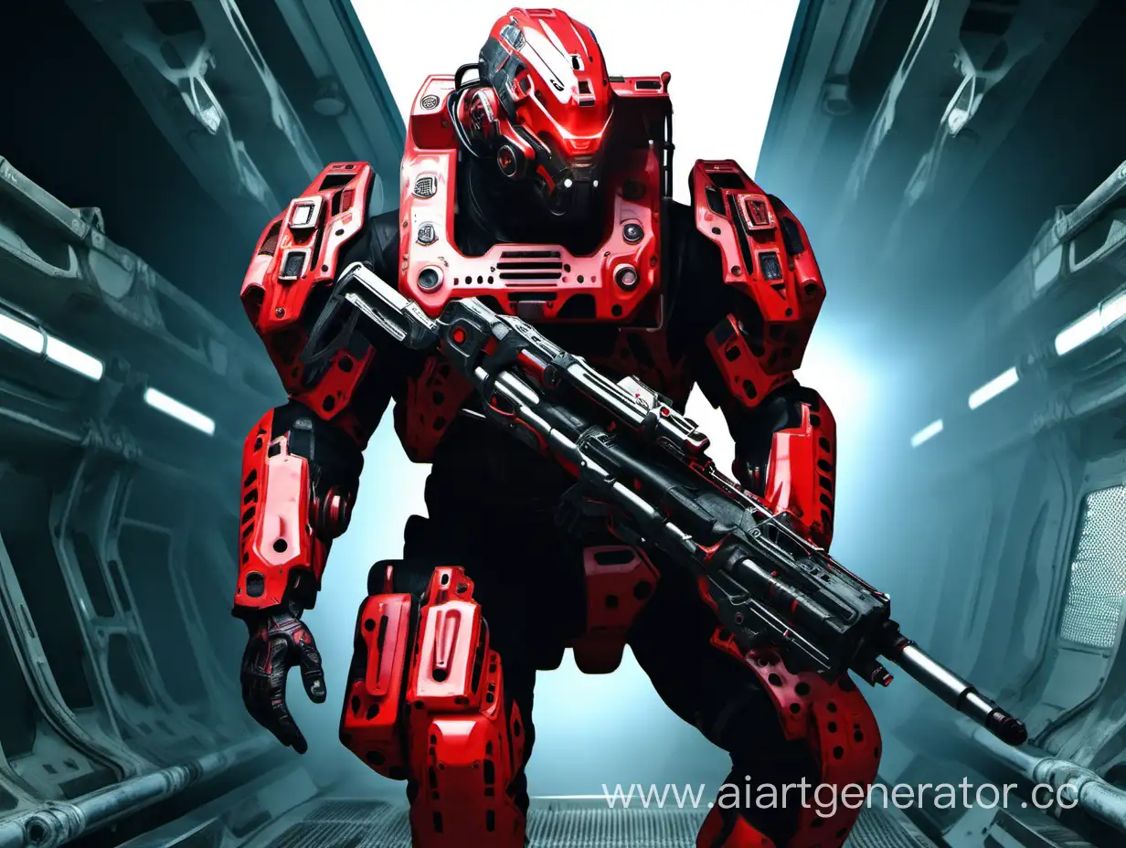 A nuclear operative in a combat space exoskeleton of the future red and black color holding a hand-held railgun