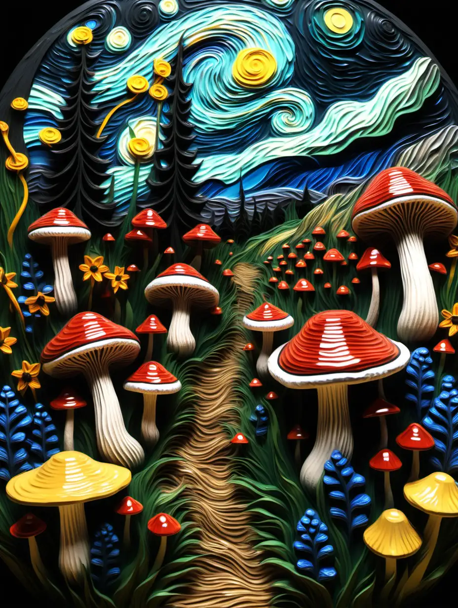 3D mushrooms, wildflowers, van gogh style, dark theme
