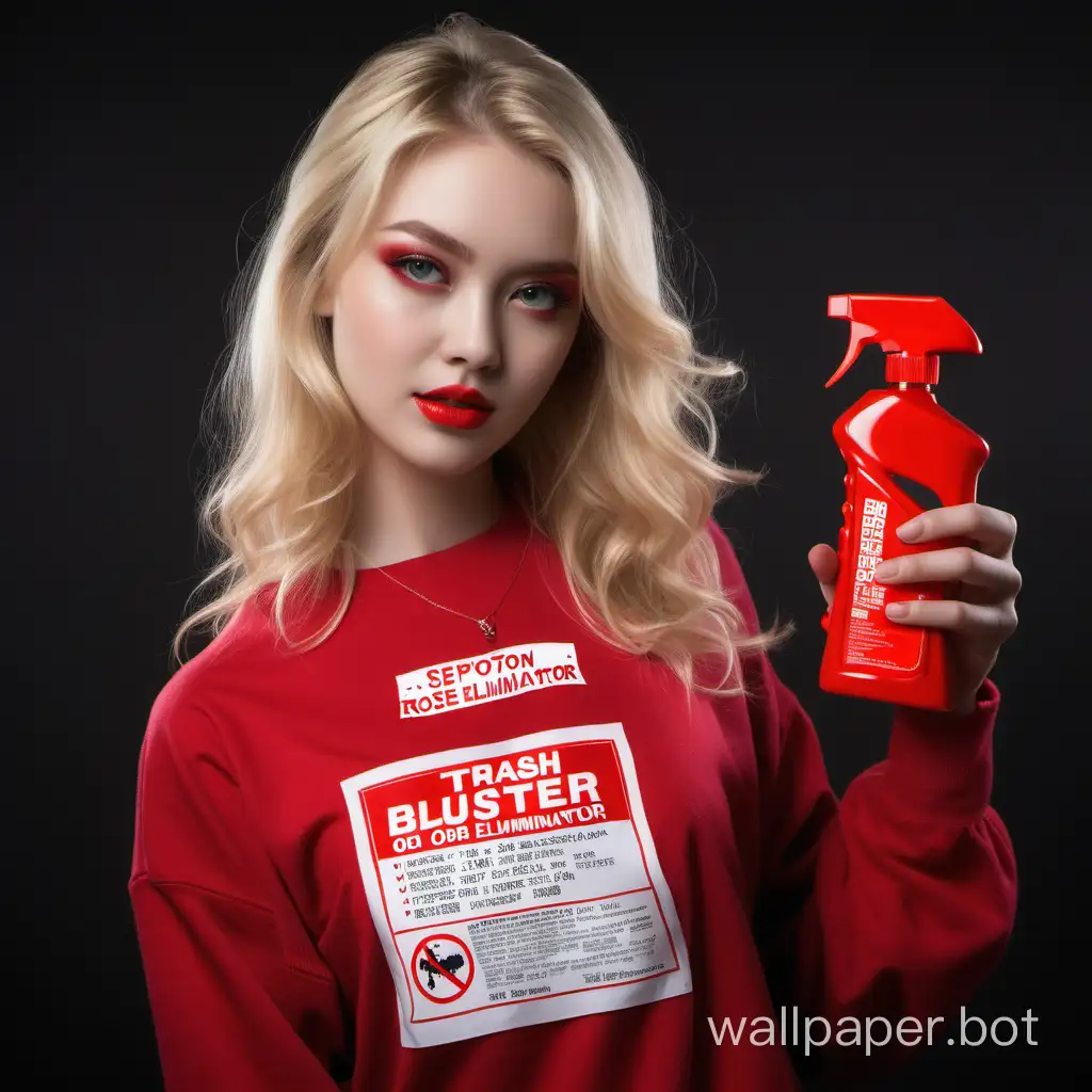 A beautiful blonde girl advertises TRASH BUSTER odor eliminator, a red trigger bottle with a TRASH BUSTER label, the scent of Chinese rose, inscription Septohim on the clothing.