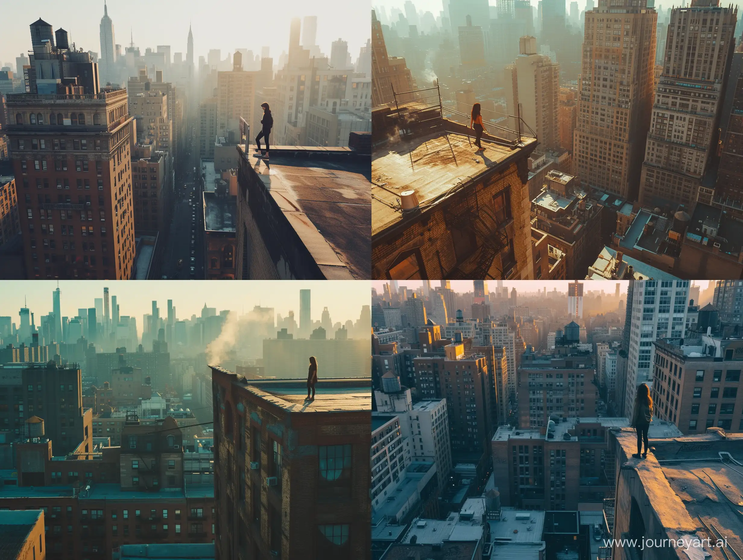 a bustling new new york city, the photo is bathed in natural lighting, relaxing day time setting. Shot in 4k with a high end DSLR camera. such as a Canon EOS R5 with a 50mm f/1. 2 lens, architecture, drone view, skyline, a woman is standing on the edge of a high rooftop, vivid, atmospheric, dystopian,
