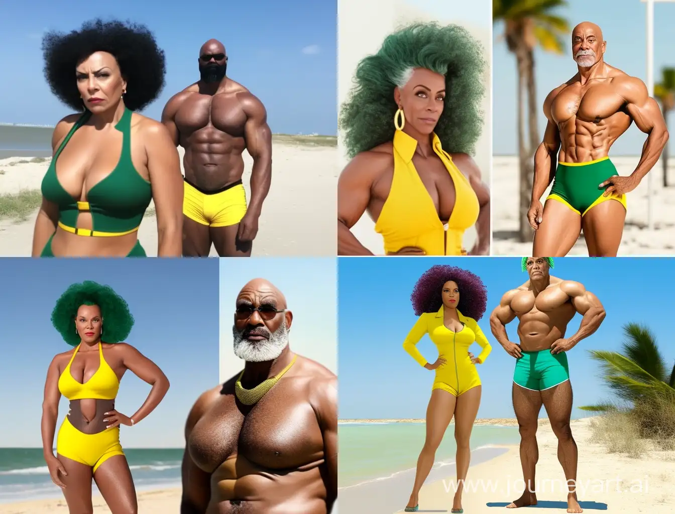 una mujer de 60 años sexy en la playa con un bikini amarillo de 1,60 metros que le sienta bien y la foto se ve de cuerpo entero. Su novio que la acompaña es afroamericano y es mucho mas alto y musculado de 1,80 metros con un traje de baño verde.