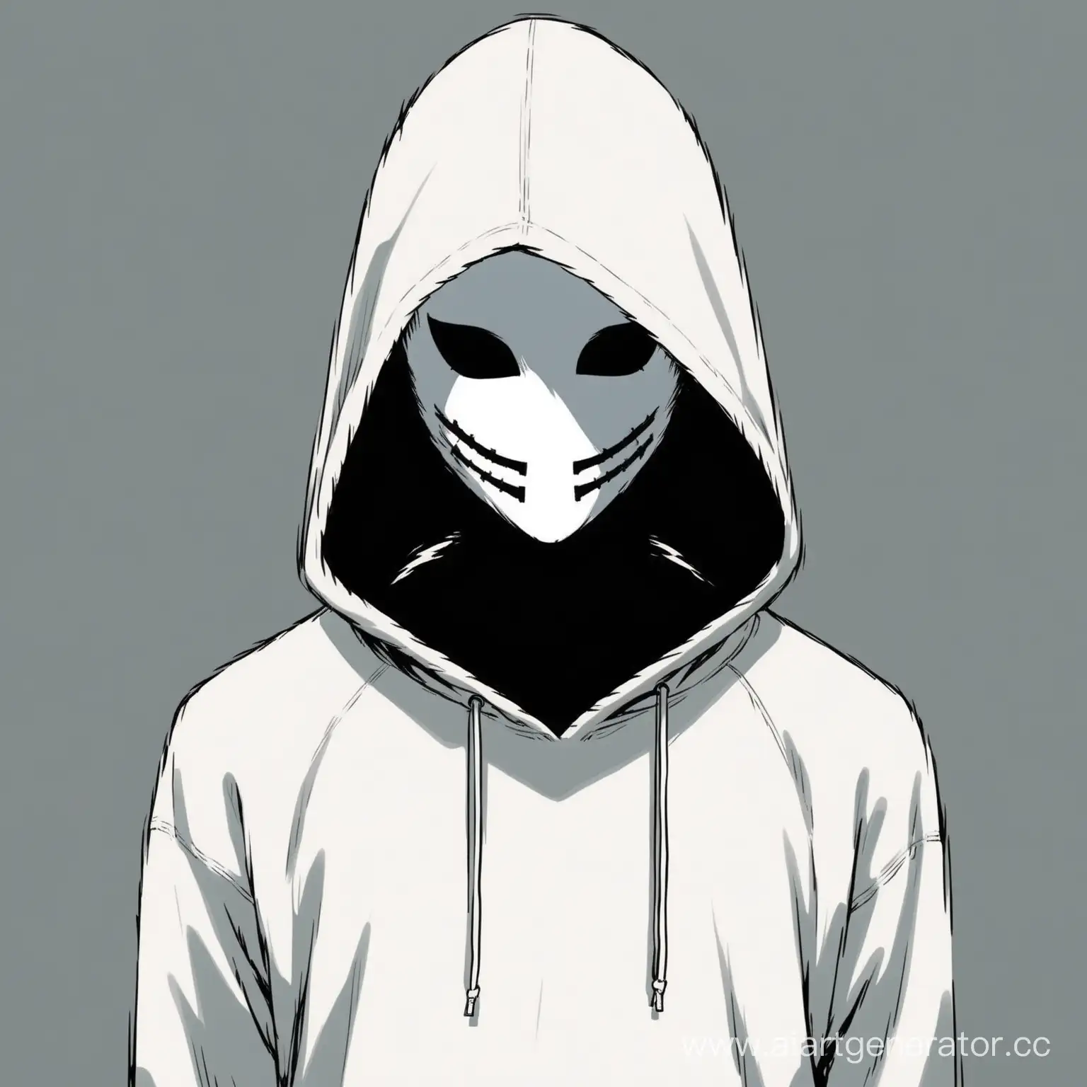 Man-in-White-Sweatshirt-Wearing-Hood-and-Mask-with-Drawn-Eyes