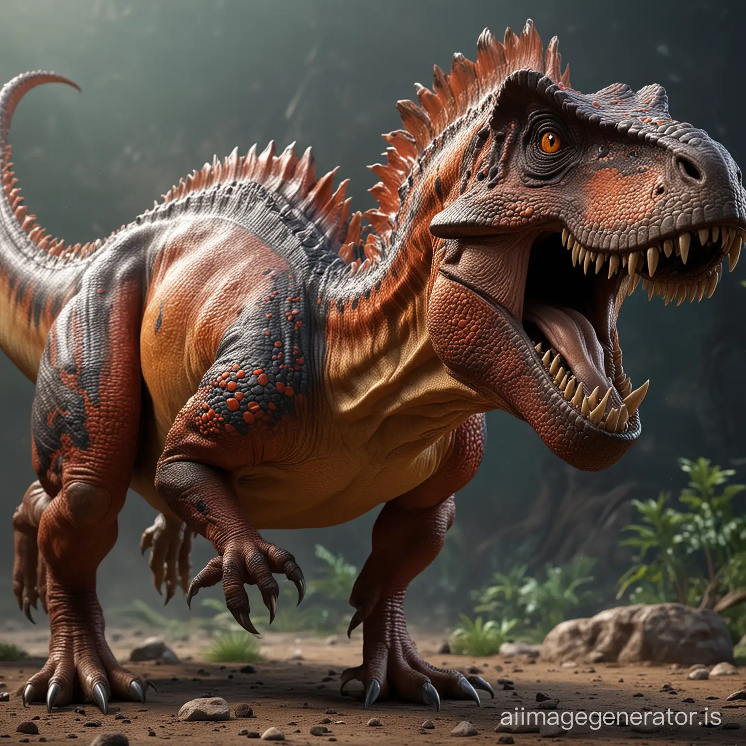 a high quality 3d rendering of a realistic (dinosaur) character, featuring intricate scales and textures, vibrant colors, dynamic pose, detailed claws, (animalistic) behavior, prehistoric environment, cinematic lighting, roaring expression, wild and ferocious, realistic skin details, trending on artstation, high detail, digital art