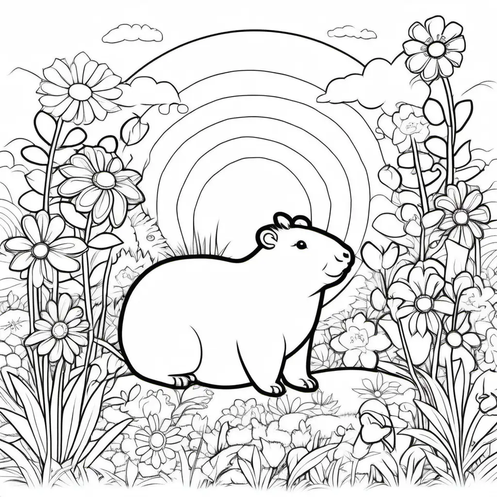Adorable Kawaii Capybara Coloring Page with Flowers and Sun