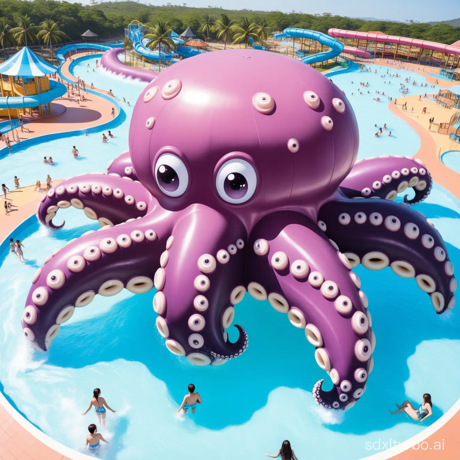 a water park with many huge octopuses climbing out of pools