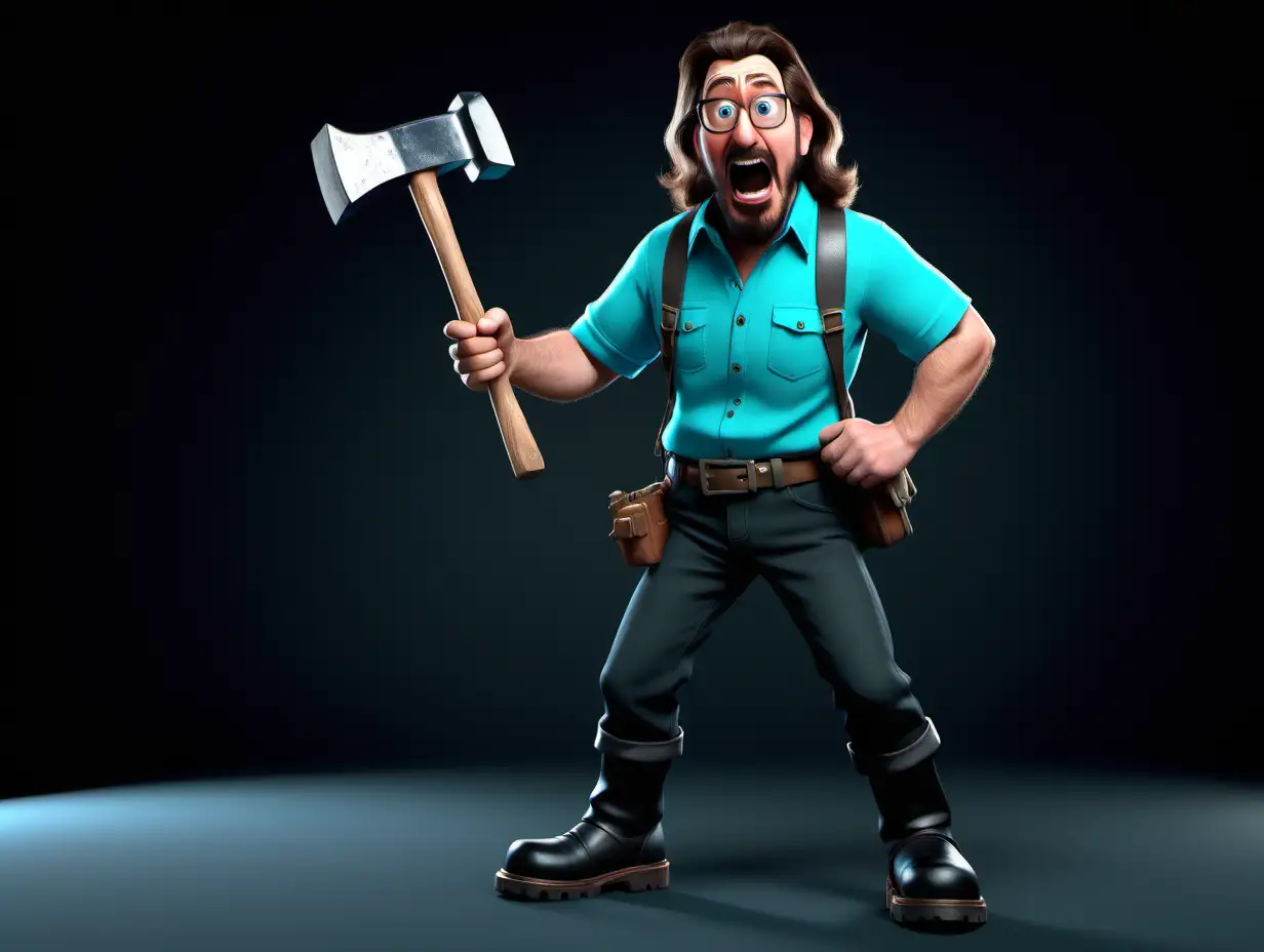 Middle aged male, short stubble facial hair, glasses, really long hair, wearing a cyan shirt with black pants, black boots, explorer outfit, pixar style, black background, yelling expression, different poses, full body image, holding a hammer