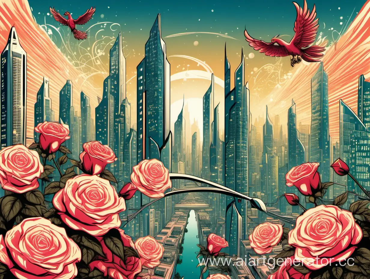 Futuristic-Cityscape-with-Blossoming-Roses-and-Majestic-Phoenix