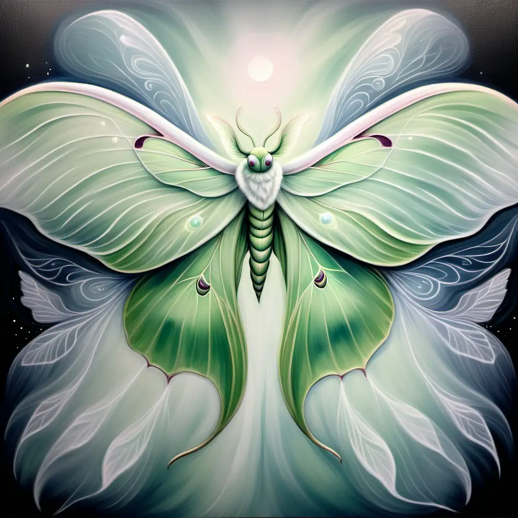 Arty painting ethereal spirit Luna moth soft whispy wings pastel and white colours soft and flowy