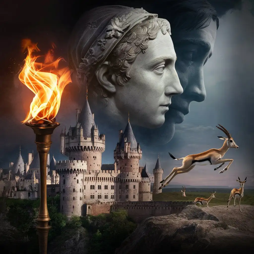  A single image combining a torch in the castles of our ancestors, a Roman profile of a beloved person, and gazelles representing future dividends