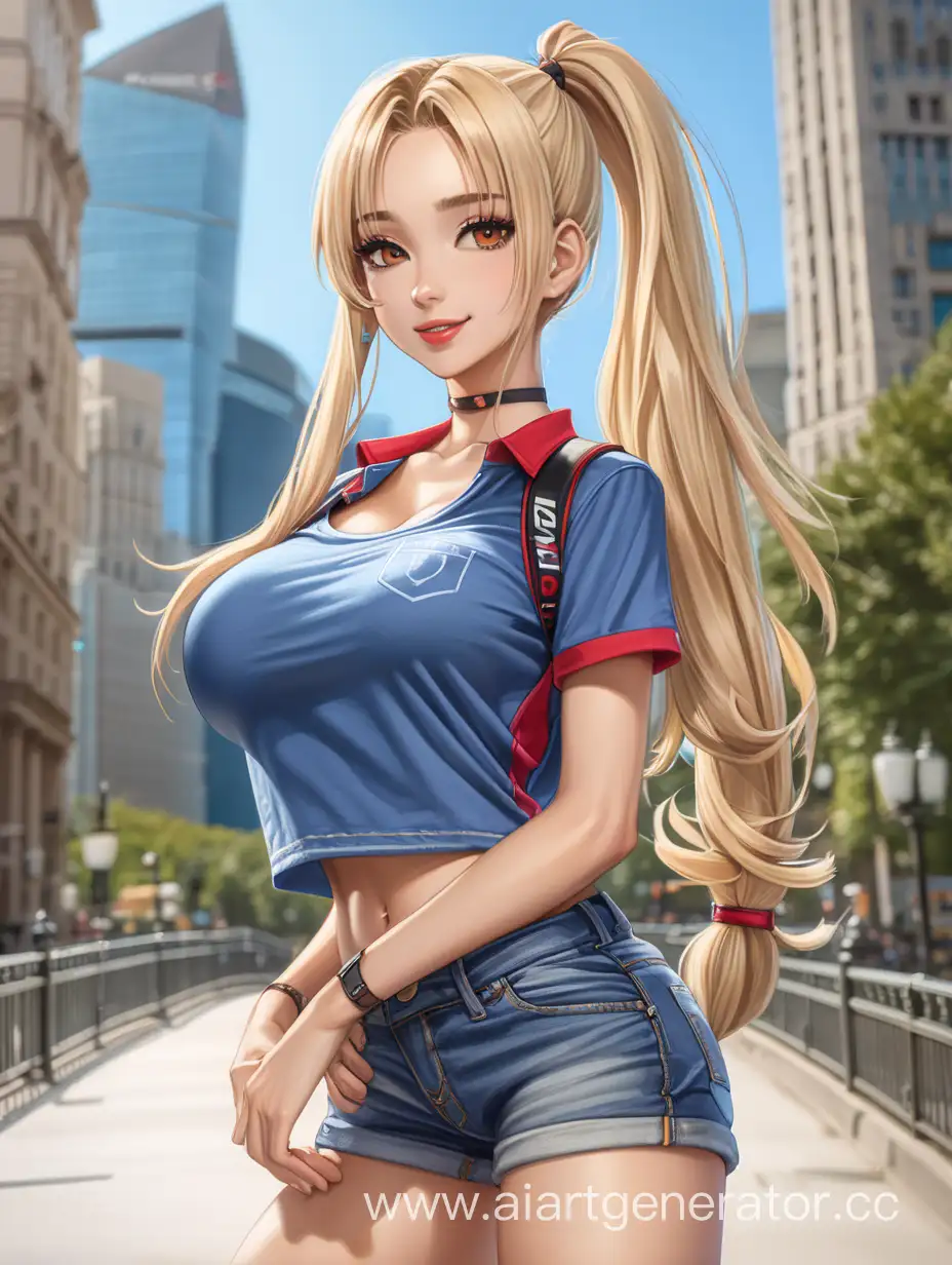 Front View, Full Body View, City, 1 Person, Women, Human, Blonde Hair, Long Hair, Middle-length Ponytail Hairstly, Blue T-shirt, Jean Shorts, Choker, Perfect Face, Perfect Lips, Scarlet Red Lipstcik, Perfect Hands, Five Finger, Seriuos Smile, Perfect Eyes, Brown Eyes, Sharp Eyes, Symmetric Eyes, Perfectly Symmetrical Body, Tall Body, Massive Breasts, Slim Body, Well-Toned Body, Thick Thighs,  Slim Femanon Arms, 