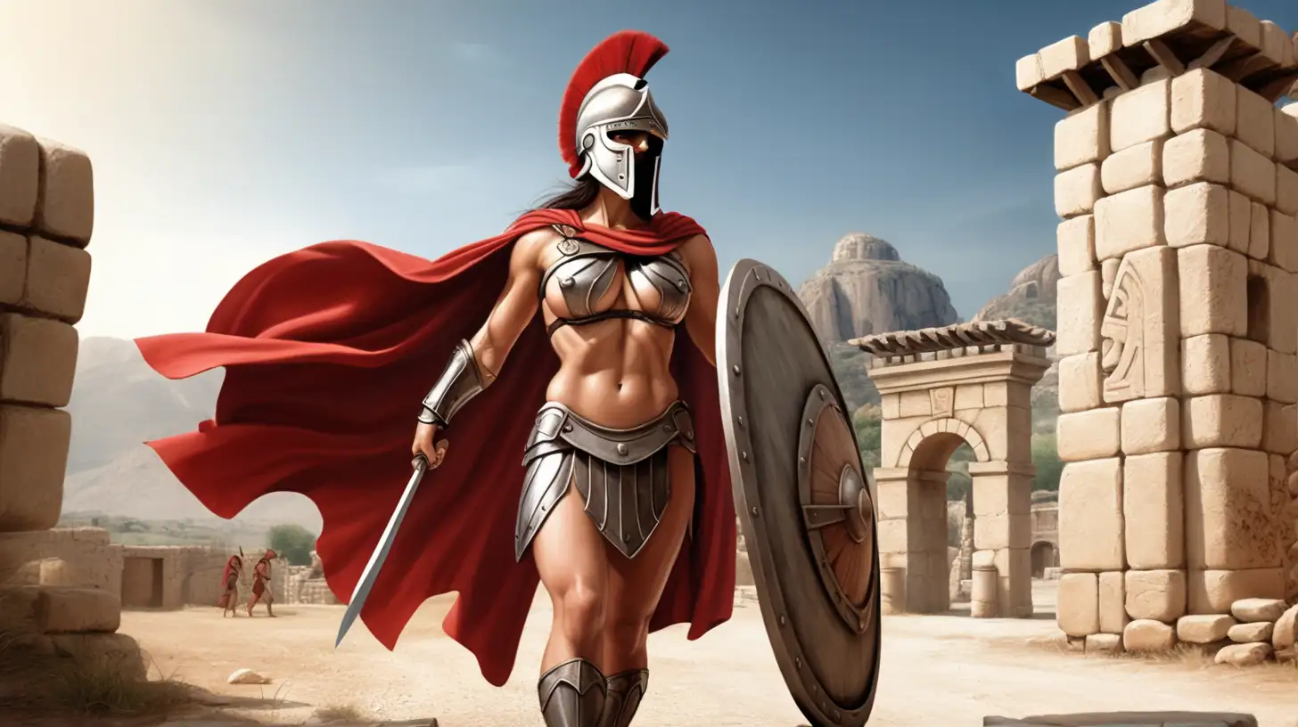 Muscular Female Spartan Hoplite Defends Ancient Village Gate
