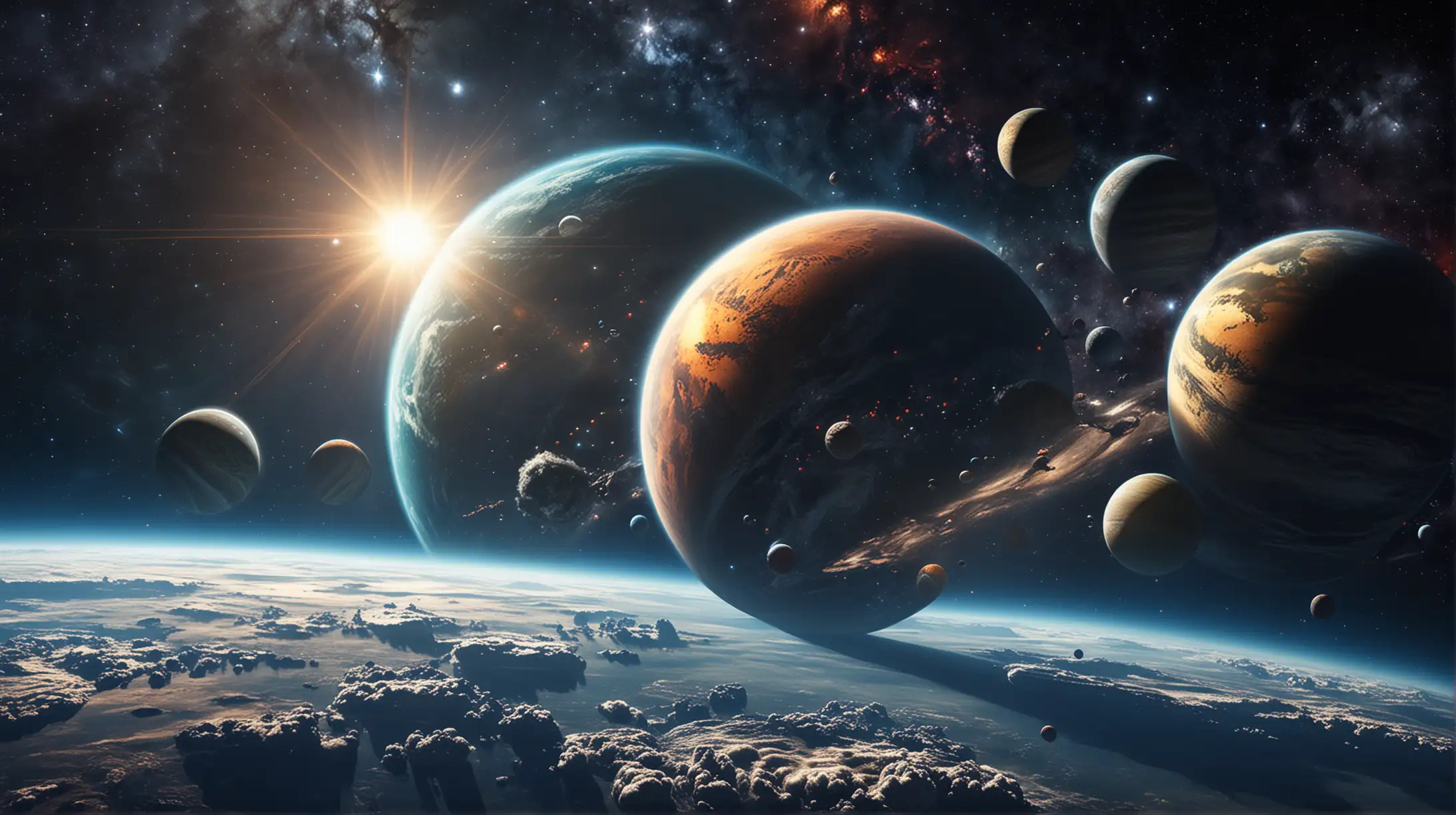Space Planets and Earth Cosmic Landscape with Celestial Bodies
