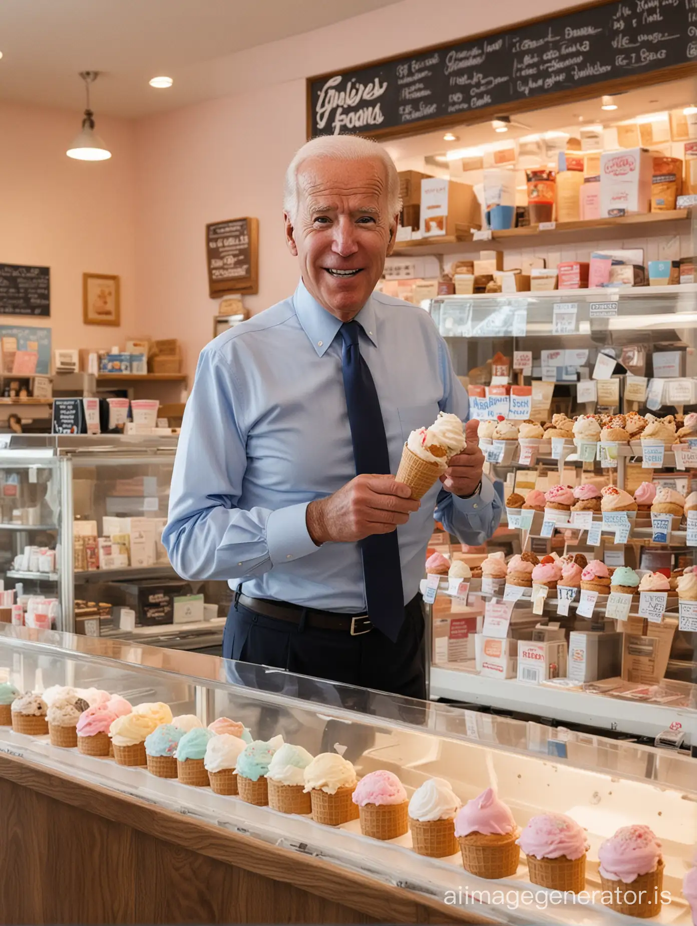 Joe Biden stands in an ice cream store and is selling ice cream