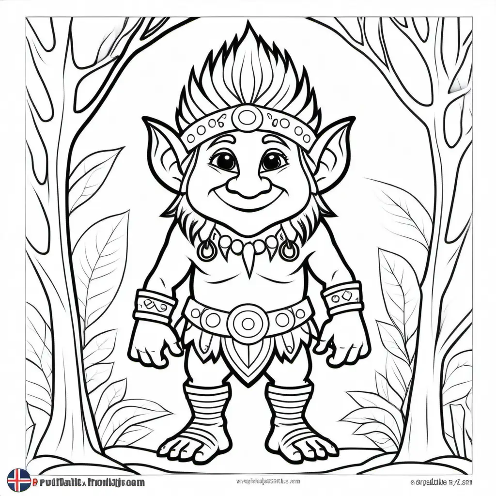 Black and white full page coloring page for kids, norwegian troll, full page with no borders, simple, shapes with black lines, printable outlined art, thin lines, no shades, crisp lines --style 4b --v4-, white background