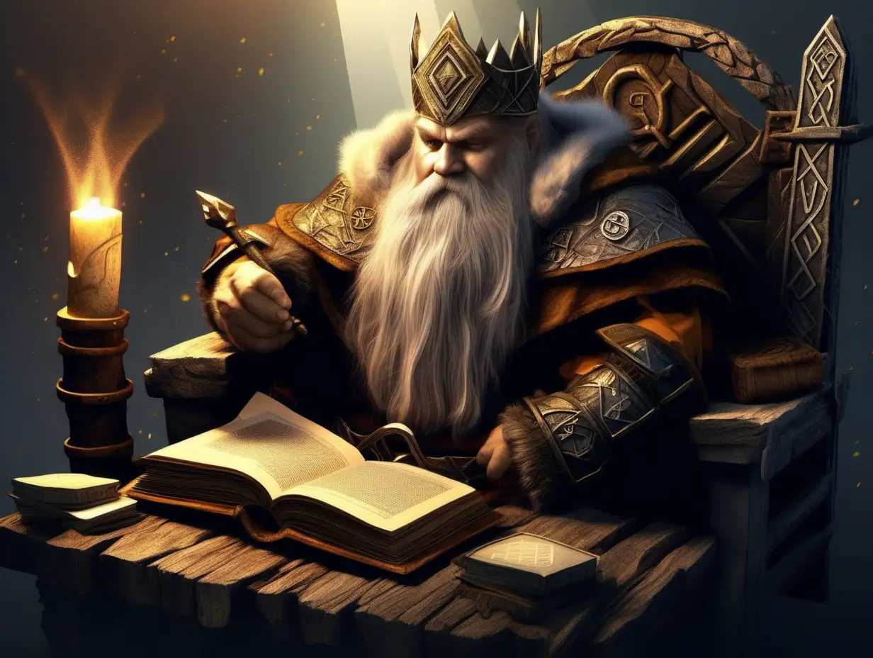 fantasy art dwarf king reading open book log with rune symbols