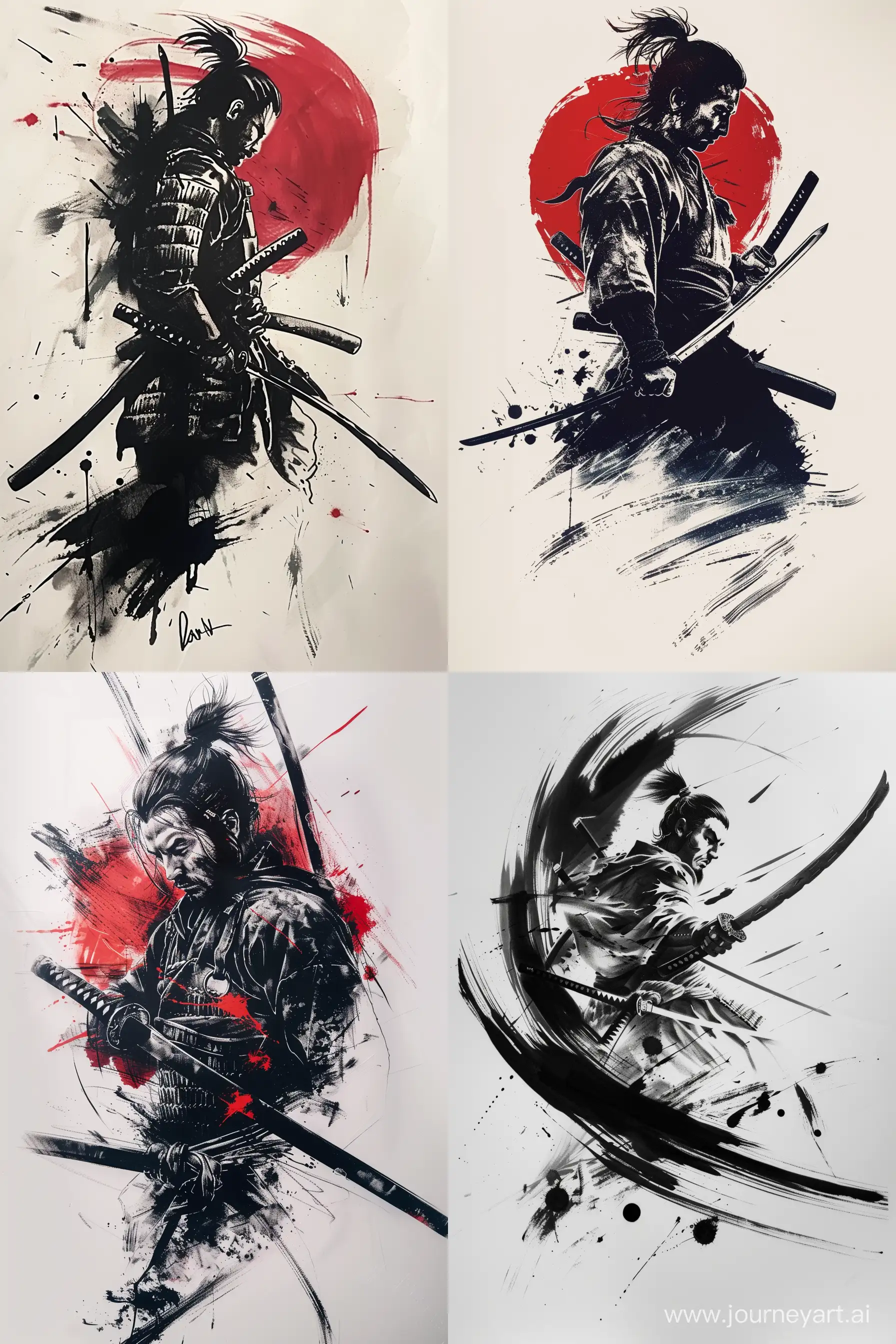 samurai, japanese style tattoo, white background, brush strokes --ar 2:3 --v 6