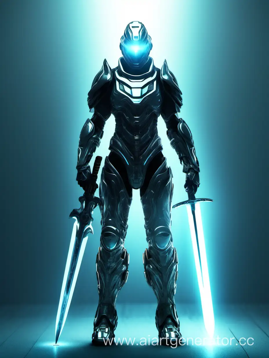 Человек со светящимся мечом в футуристичном защитном бронированном костюме с подсветкой 