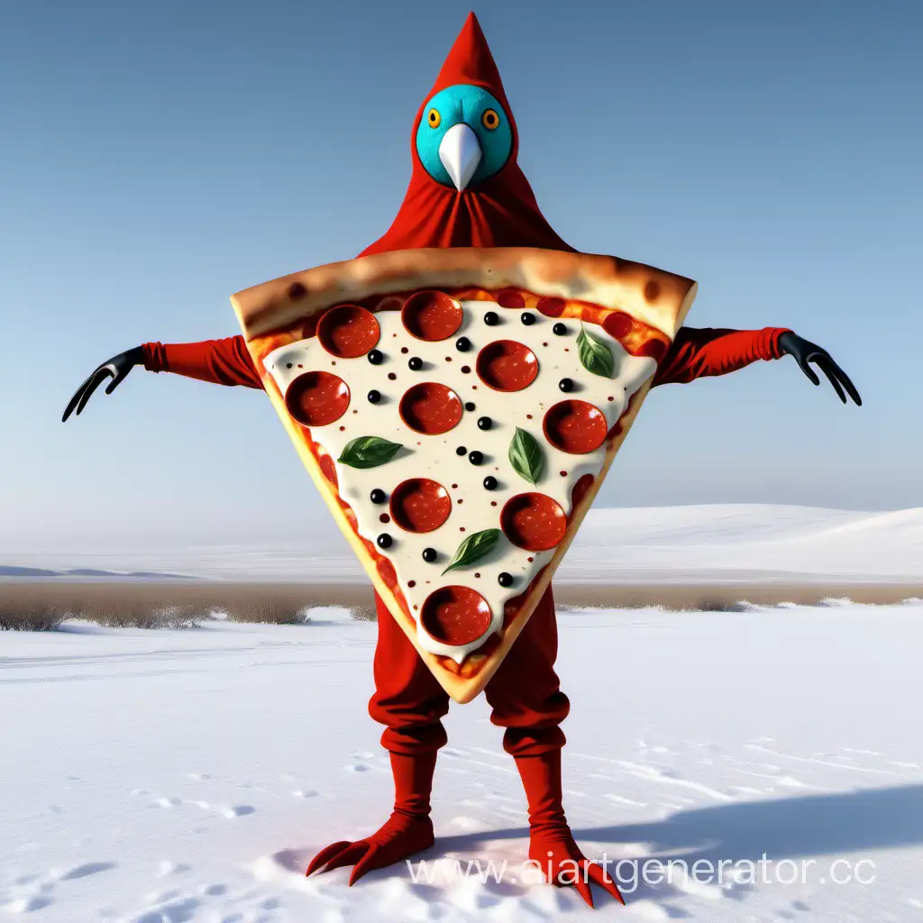 Pizza-Costume-Humanoid-with-Bird-Head-in-Snowy-Steppe