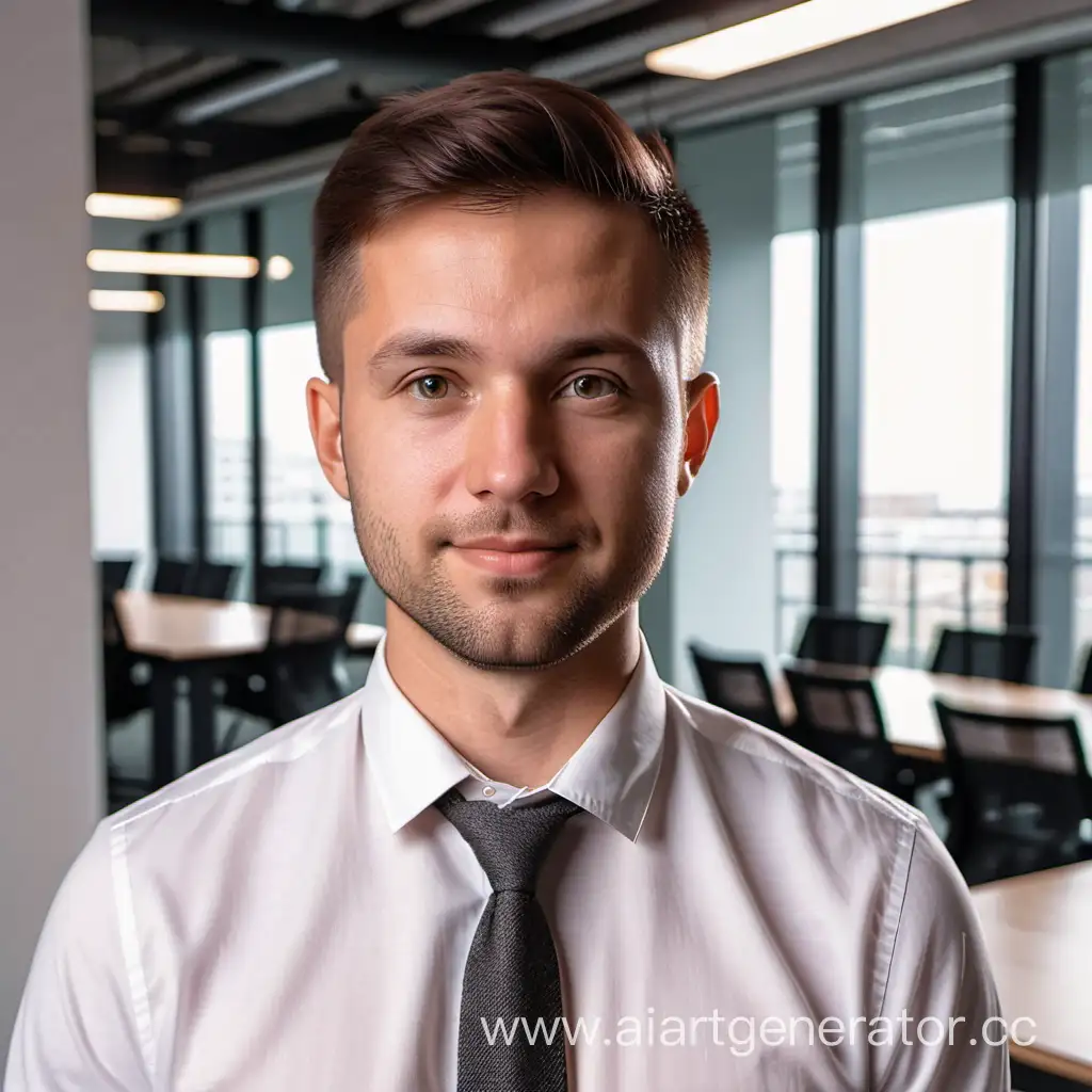 сгенерируй реалистичный фото портрет молодого человека 29 лет мужского пола, без улыбки, на заднем фоне офисное помещение