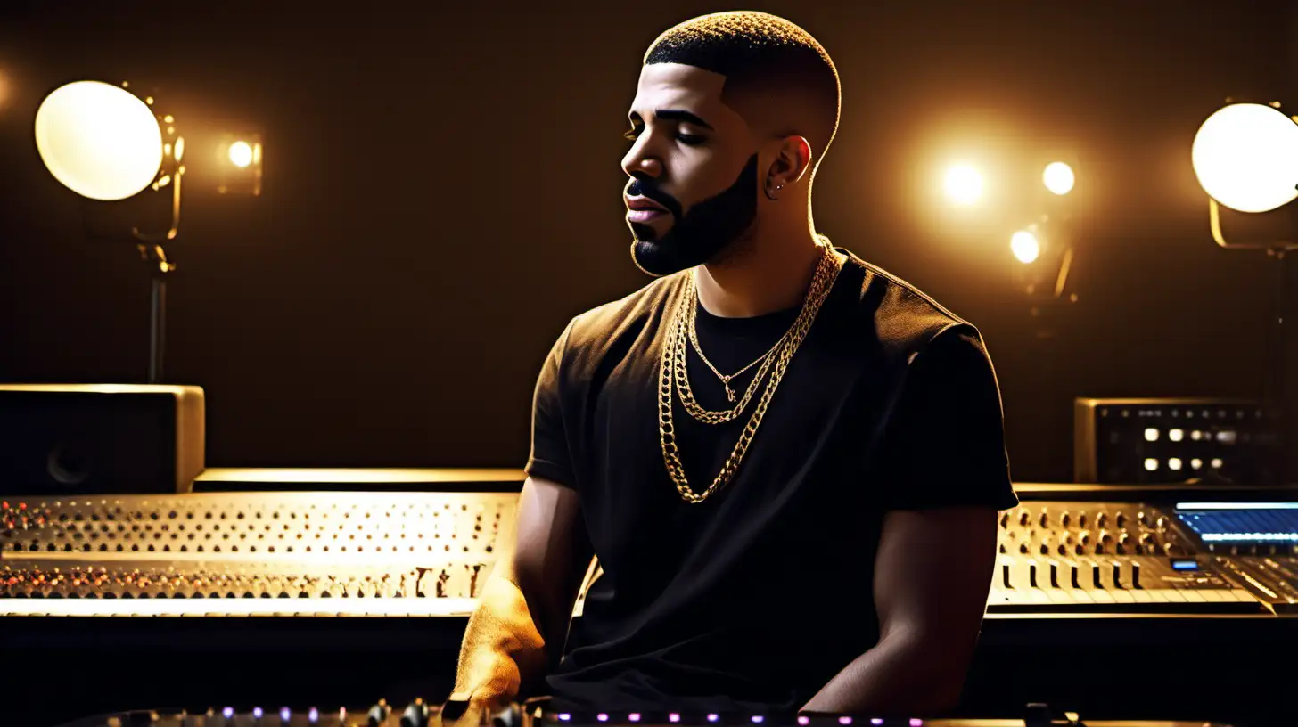 Create an image of a charismatic Drake, standing in a stylish, modern recording studio. He has a confident posture, with one hand casually resting in the pocket of his fashionable jeans. The musician sports a neatly trimmed beard and a short, stylish haircut. He's wearing a designer black t-shirt and a gold chain necklace that adds a touch of elegance to his look. The studio background is filled with state-of-the-art equipment: a large mixing console, high-end speakers, and several guitars on stands. Soft, ambient lighting casts a warm glow on the scene, highlighting the musician's focused expression as he seems to be contemplating his next song. The overall atmosphere is one of creativity and sophistication, befitting a successful and trendy music artist.