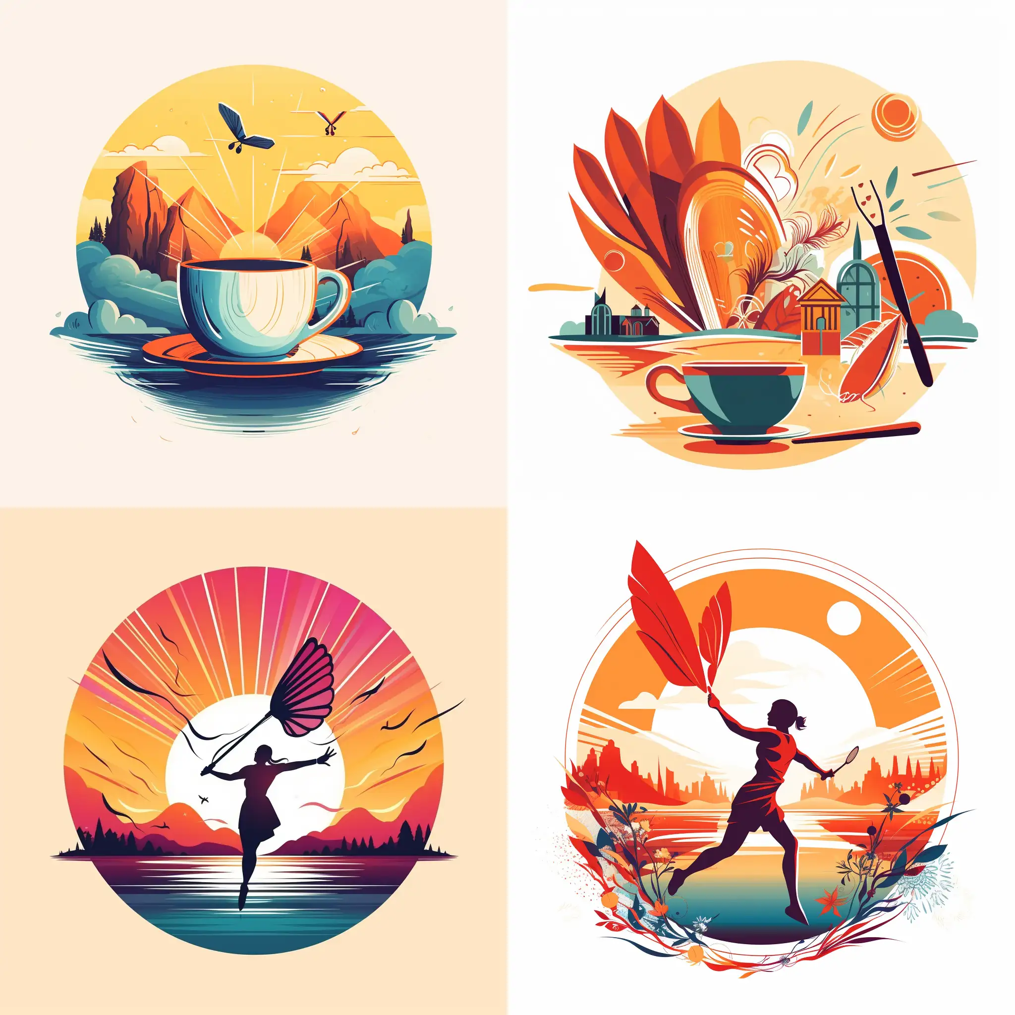 Badminton game, logo, morning cup, simple, warm and bright colors, enthusiastic and positive