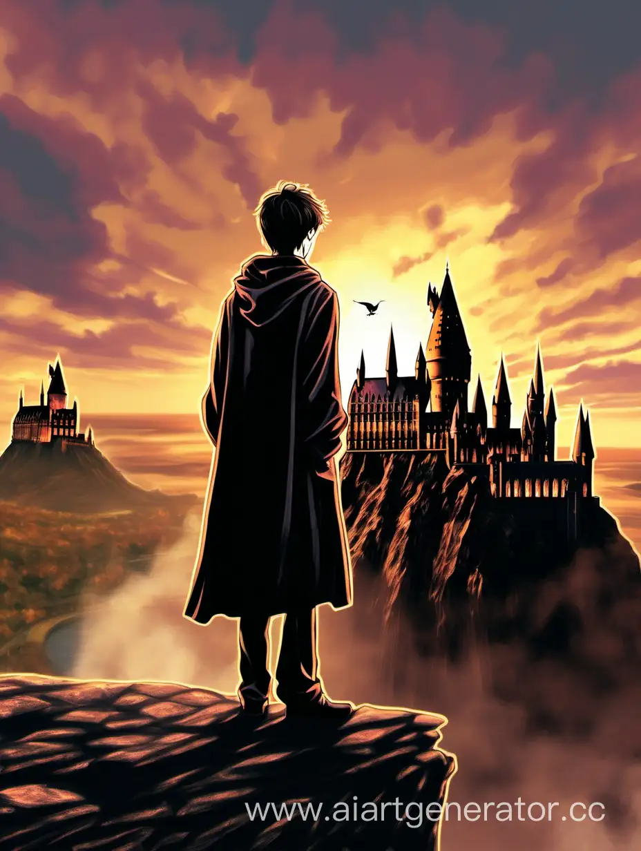 Закат, Гарри Поттер стоит на скале, на фоне Хогвартса