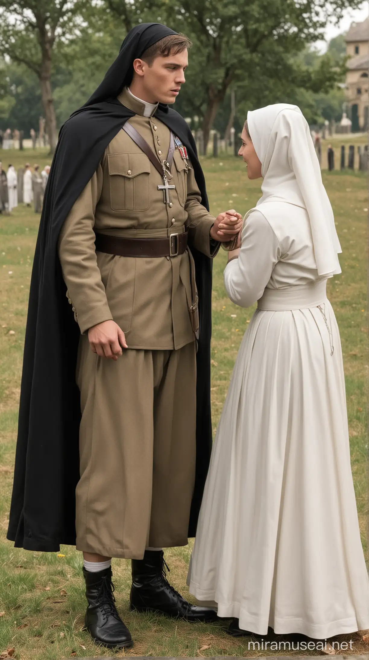 A soldier, out of breath, approaches a nun and asks her permission to hide under her skirt. He promises to explain everything later.