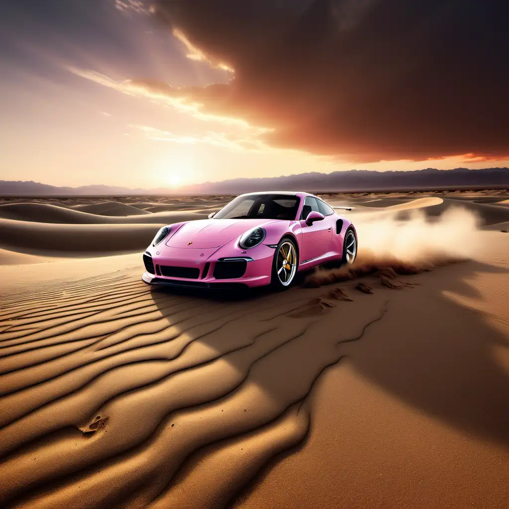 Alors que le soleil commence à plonger derrière les dunes de sable doré, une Porsche 911 modifiée surgit dans le désert, ses roues de 4x4 grimpant avec agilité sur le terrain accidenté. La voiture ronronne avec une puissance féroce, faisant vibrer le sol sous ses pneus tout-terrain.

Dans le ciel, une grâce rouge s'étend au-dessus de l'horizon, teintant les nuages d'un délicat rose pastel. C'est un spectacle à couper le souffle, le genre de paysage qui fait battre le cœur plus vite et inspire l'aventure.

À bord de la Porsche, le pilote serre le volant avec détermination, ses yeux rivés sur l'horizon lointain. Le moteur gronde en réponse à chaque mouvement du pied sur l'accélérateur, tandis que le désert s'étend à perte de vue autour d'eux.

Le crépuscule offre une lumière magique, illuminant le sable et projetant des ombres longues derrière la voiture qui file à toute allure. C'est un instant figé dans le temps, capturant la beauté brute et la passion de l'aventure dans le désert, avec la silhouette emblématique de la Porsche 911 se découpant contre le ciel embrasé.