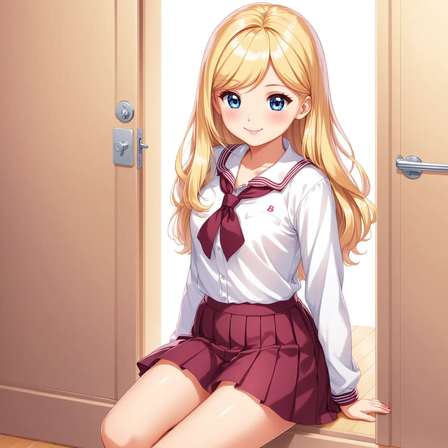 Teenage Barbie in School Uniform with Shy Smile and Bare Feet