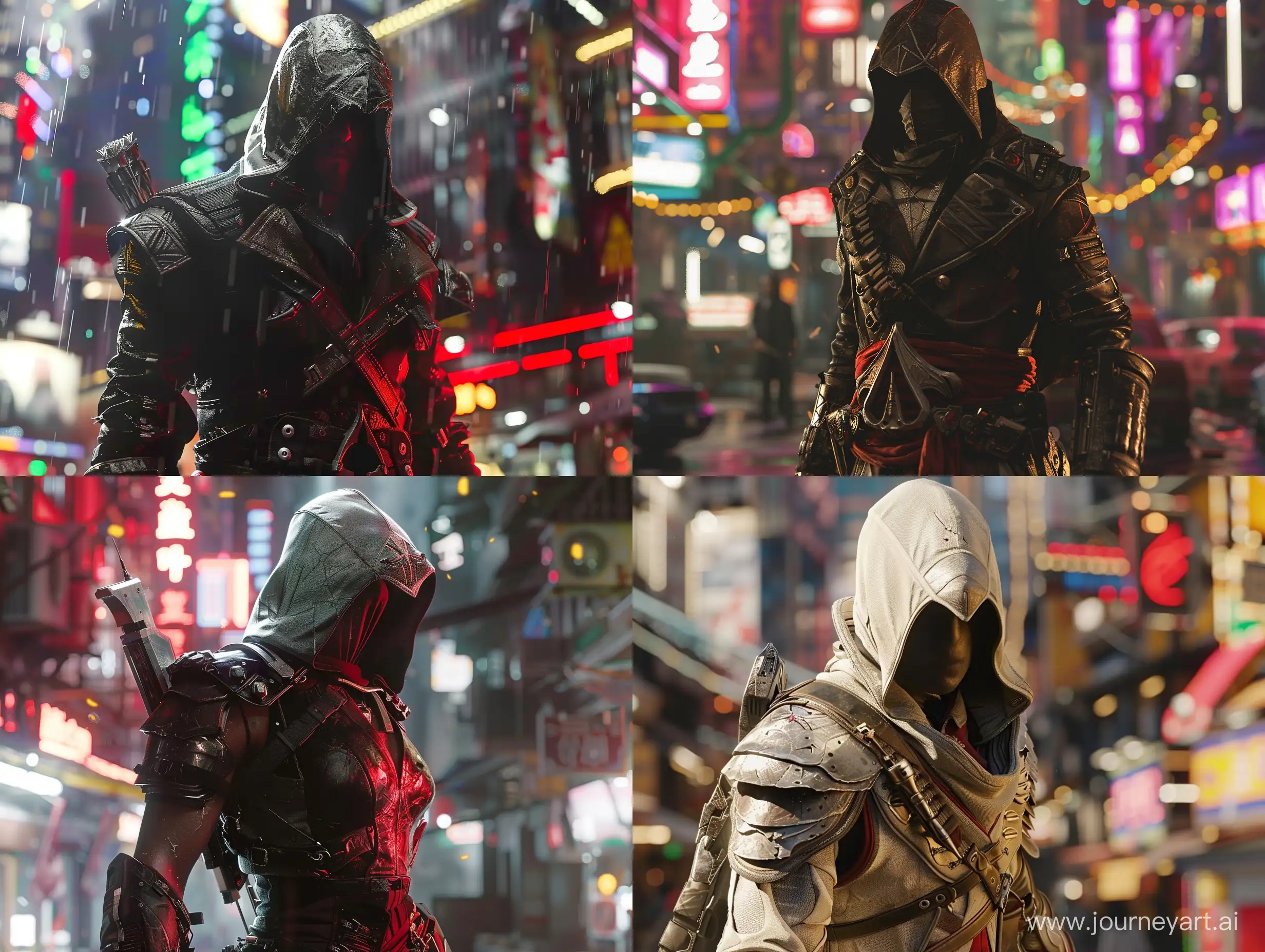 Assassin's Creed game on cyberpunk 2074 game combination, unreal engine 5, cinema 4d style, cinematic, photorealistic