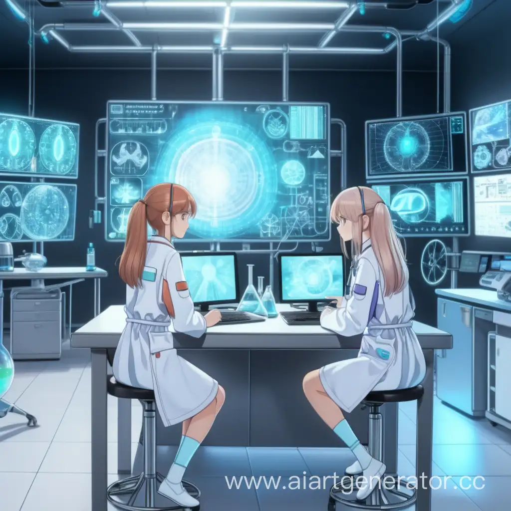 2 девушки ученых работают в современной технической лаборатории с большим галаграфическим экраном стиль аниме 

