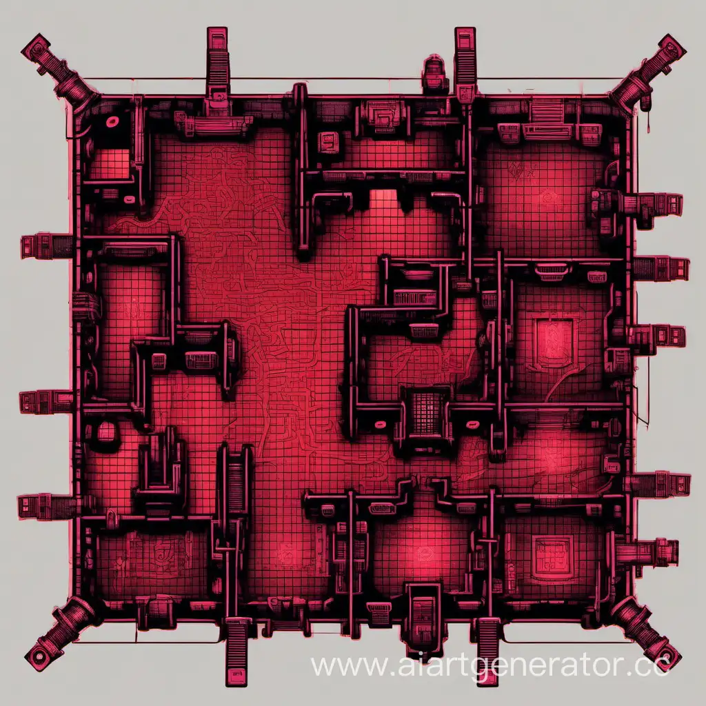 Карта для днд подземелья в стиле киберпанк, черный и красный цвет