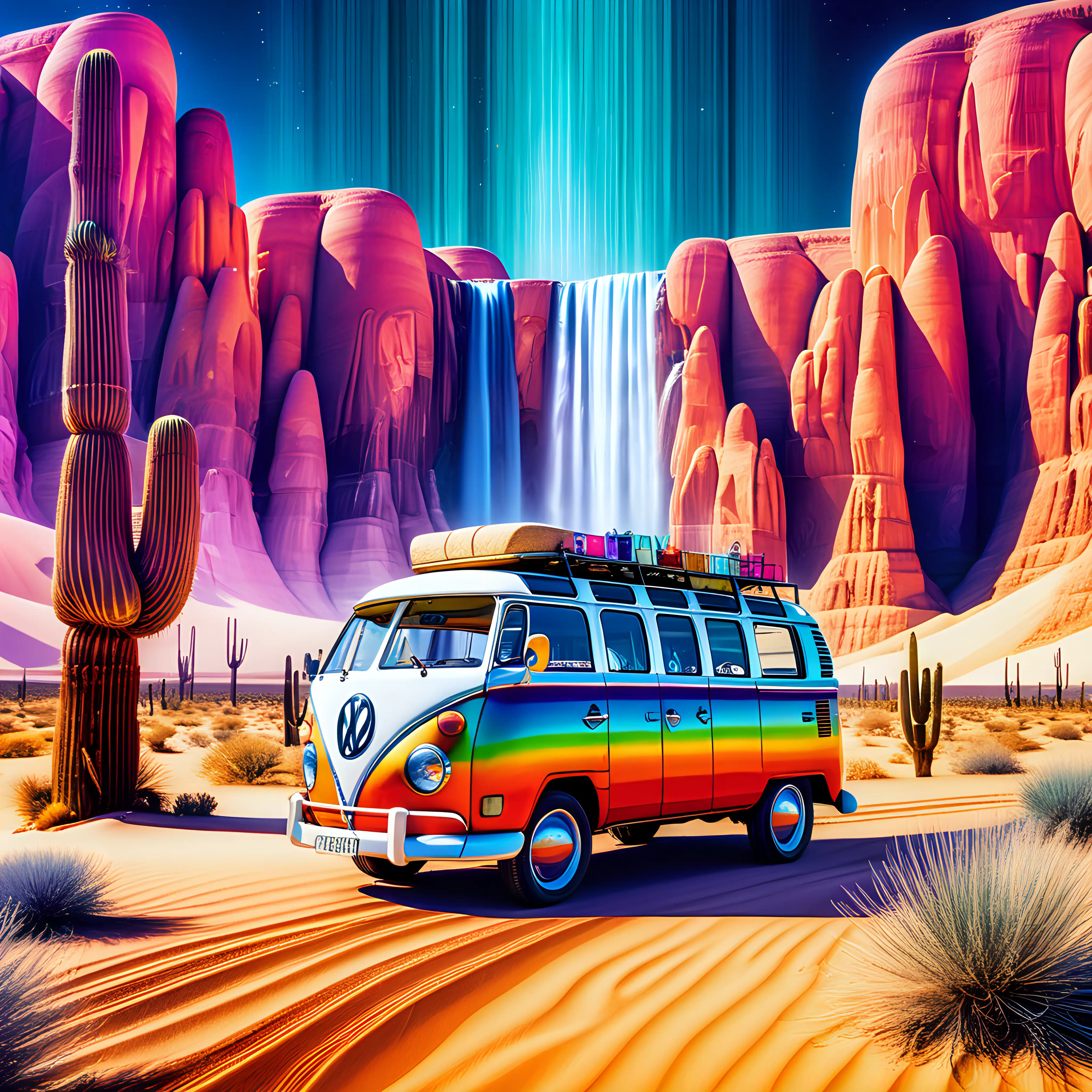 Psychedelic Desert Adventure VW Kombi Amidst Colorful Pillars and Waterfalls