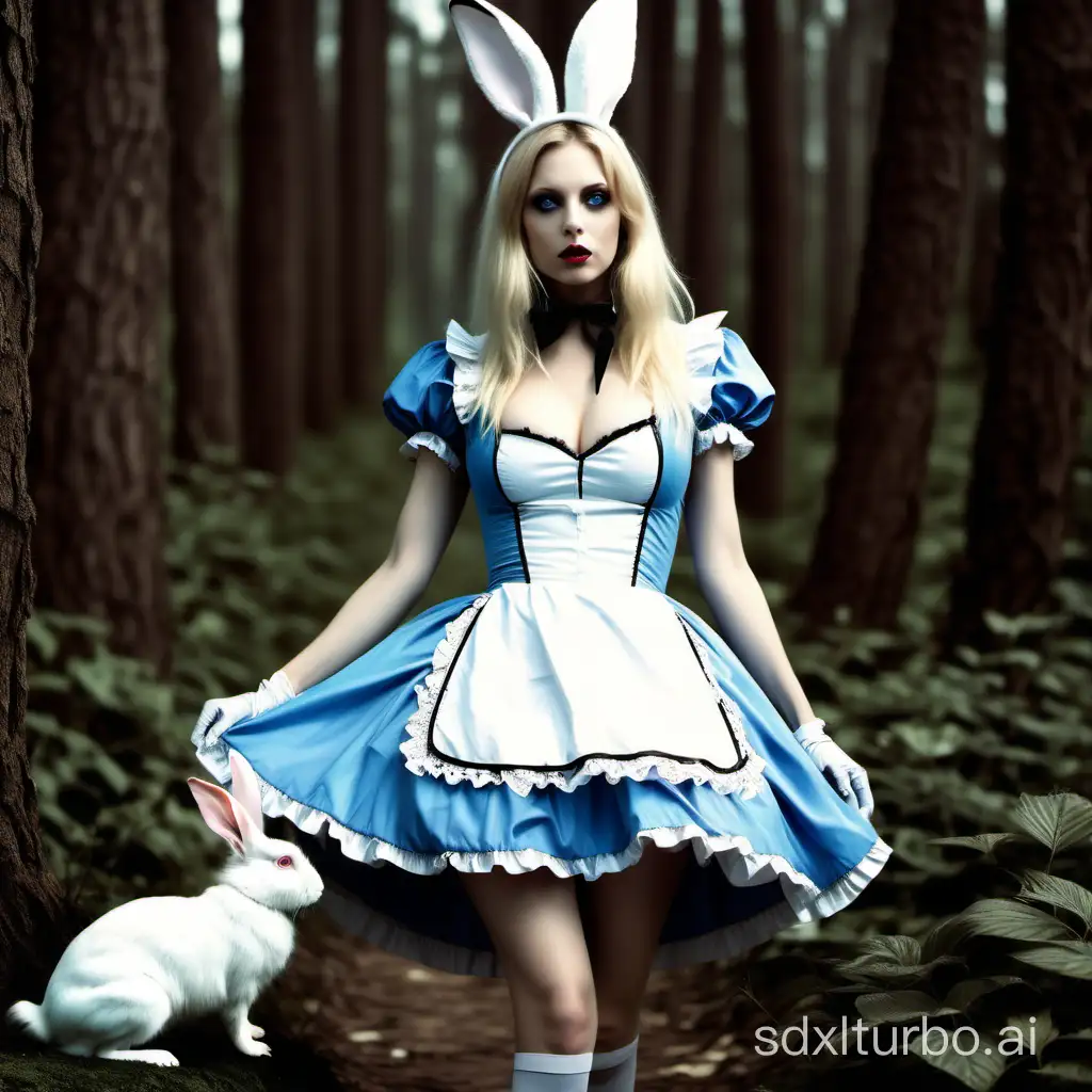 Alicia en el país de las maravillas, muy sexy, provocativa, sensual, en una bosque junto a un conejo blanco 