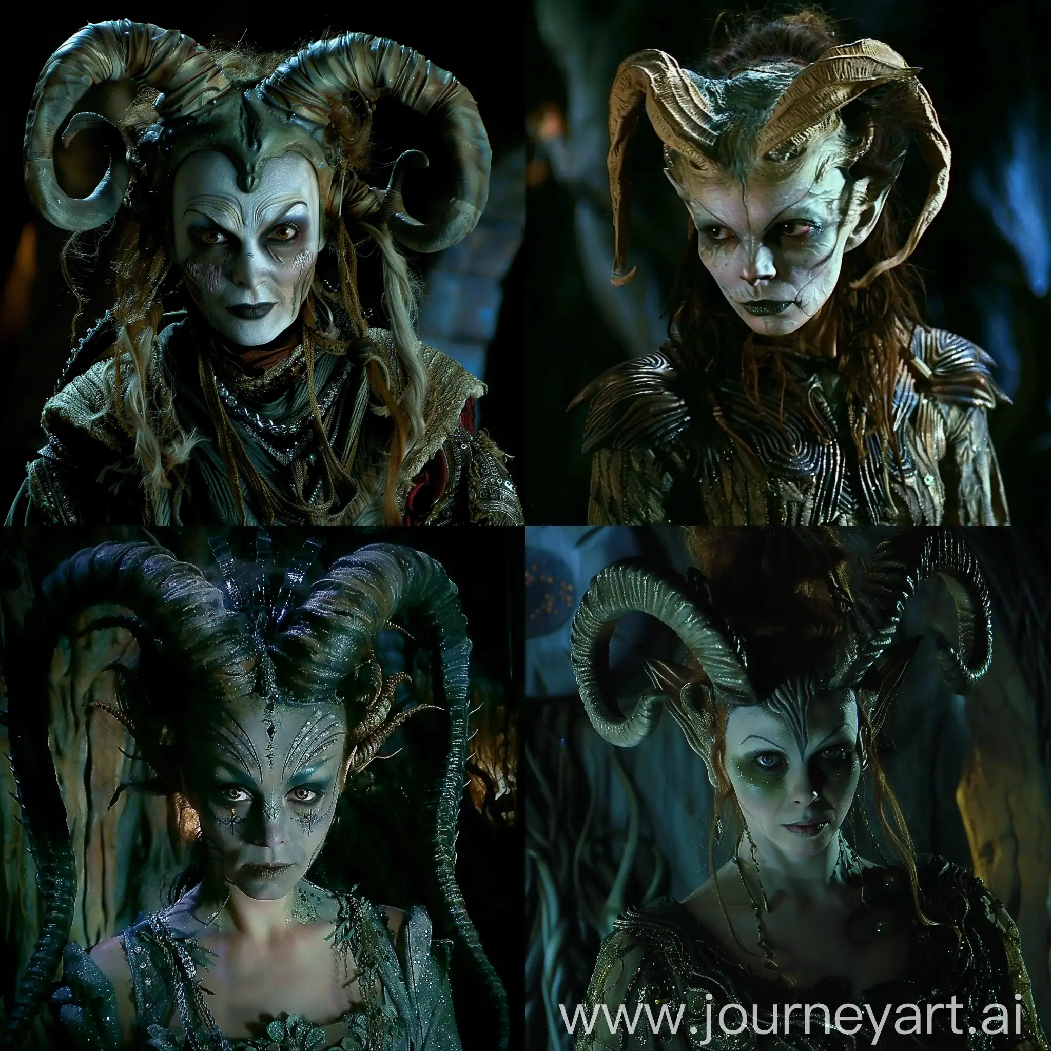 A witch in SFX makeup style Pan’s Labyrinth with a sense of horror and dark colors --sref https://www.neillsmaterials.co.uk/wp-content/uploads/2023/09/horror-films-with-great-sfx-makeup-Pans-Labyrinth.webp 