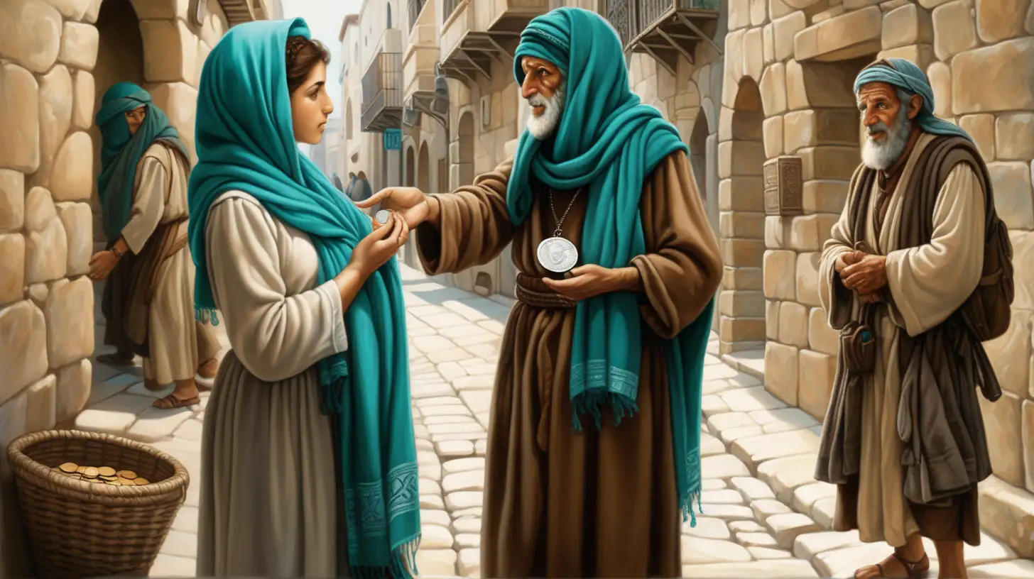 epoque biblique, une belle femme hébreu, joli visage, debout avec un foulard turquoise sur la tête, se penche pour donner une petite pièce d'argent dans une rue de Jerusalem, au fond une vieille mandiante habillée en marron assise par terre dans la rue tend la main pour recevoir la charité