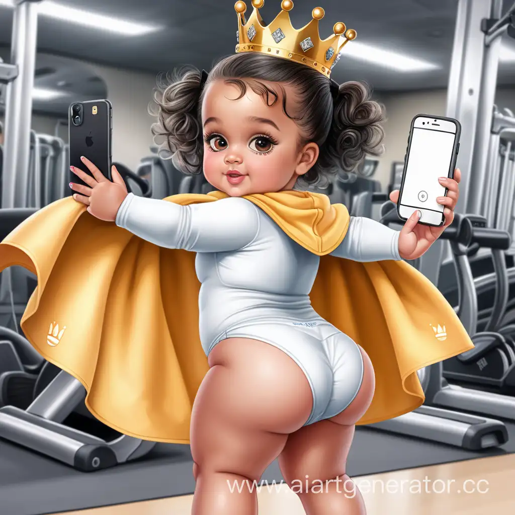 Lola loud toddler girl 3 years old with huge thighs huge hips and enormus buttocks standing back using a mini diaper makeup princess cape chubby thick body looking back crown Happy face standing at gym taking a selfie of her enormus buttocks