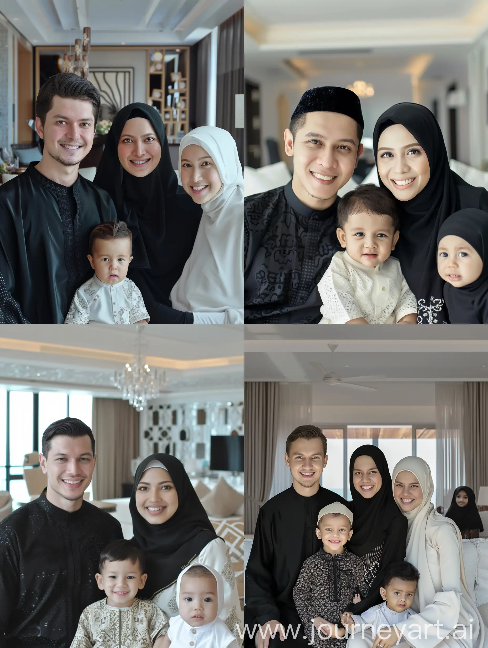 (8K, RAW Photo, Photography, Photorealistic, Realistic, Highest Quality, Intricate Detail), Medium photo of 25 year old Indonesian man, fit, ideal body, oval face, white skin, natural skin, medium hair, wearing black batik, side by side with a 25 year old Indonesian woman wearing a black hijab, white batik, they smile facing the camera, her eyes look at the camera, the corners of her eyes are parallel, and a 5 year old child dressed in white batik, and a 5 month old boy dressed in black batik, with a view in the room guests sit on the sopa of a luxury HD house like it's real