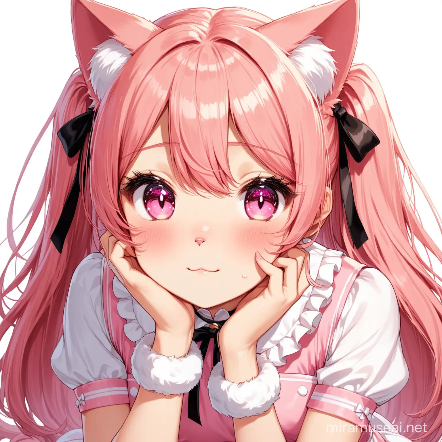 ((Inui Sajuna)), 1girl, High-quality anime illustration of cute cat girl, ((pink fluffy cat ears)), ((pink long and fluffy cat tail)), ((tail up)), ((light peach pink hair)), straight long hair down, ((two side up)), black hair ribbons, hair between eyes, ((pink eyes:1.3)), wearing a pink maid uniform, detached short sleeves, tiny cat-shaped neck bell, choker, ultra detailed hair, high detailed eyes, 16k, hd, high resolution, best quality, cute, (looking at viewer), petite bodym(single), white background, ((stoic expression)), upper body, ((masterpiece)), perfect, ((large cat-shaped eyes)), ((long and thick lashes)), lower lash, bright pupils, white thigh high stockings, from above, POV, light erotic, wrist cuffs, sitting, thighs, wariza, tsurime, POV headpat, flustered, embarrassed, kawaii, cute, ((viewer is petting her head)), ((POV hand on head)), smiling, happy