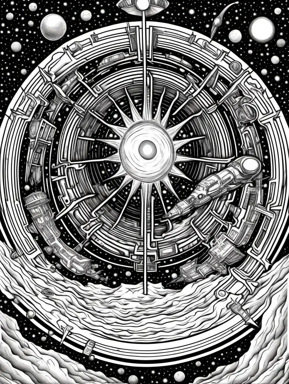 you are a person on a space station near earth and you see a portal open on the north pole boring into the sun like a funnel ripping sun plasma material a ship emerging is from another time or dimension from another dimension a rip in time and space creates ADULT Coloring book pages 