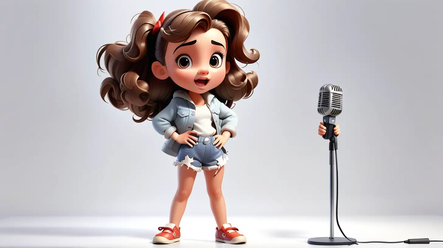 . disney style, cute girl, super star is standing by microphone. the whole figure is visible. Background is white. She has bouts on legs
