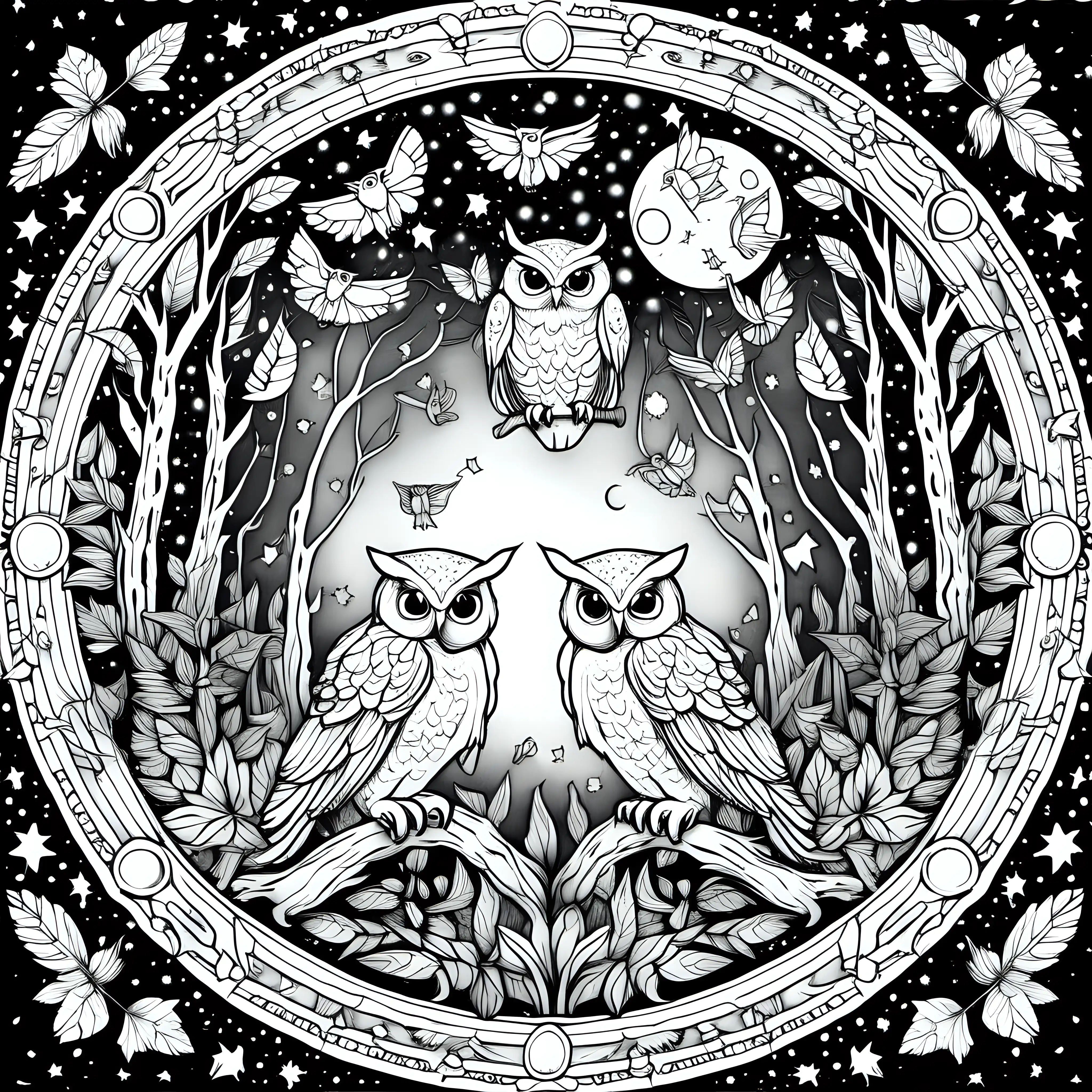 Moonlit Forest Mandala: A mandala capturing the enchantment of a moonlit forest with owls and fireflies for coloring book with crisp lines and white background