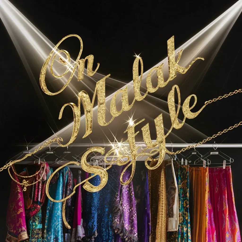 The word ' OM MALAK STYLE ' is in the form of gold jewelry, and in the back there is a group of women's dresses and skirts hanging on hangers, and the whole picture is light and bright with a black background.  