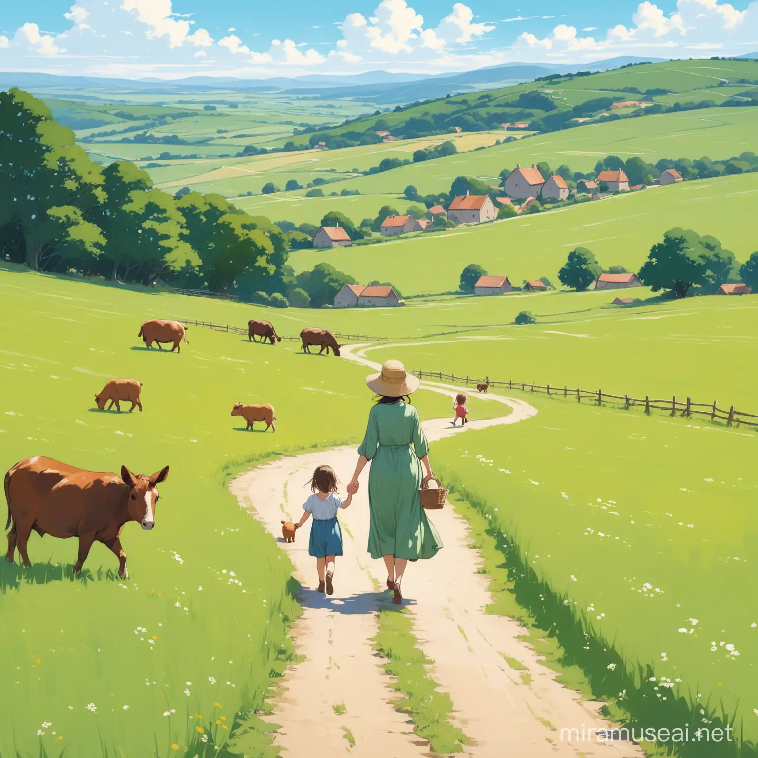 mother and a child holding hand, walking down the beautiful countryside , green plain, and some animals in the background
