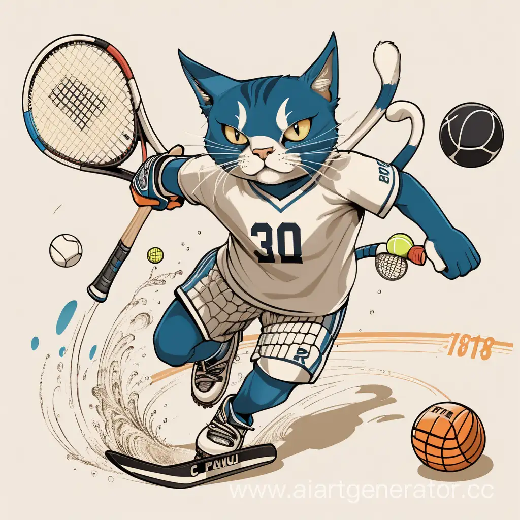 кот с бычьей головой в полёте и потоке коэффициэнтов, цифр,мячей, шайб, хоккейных клюшек, теннисных ракеток с надписью на шкуре PARI