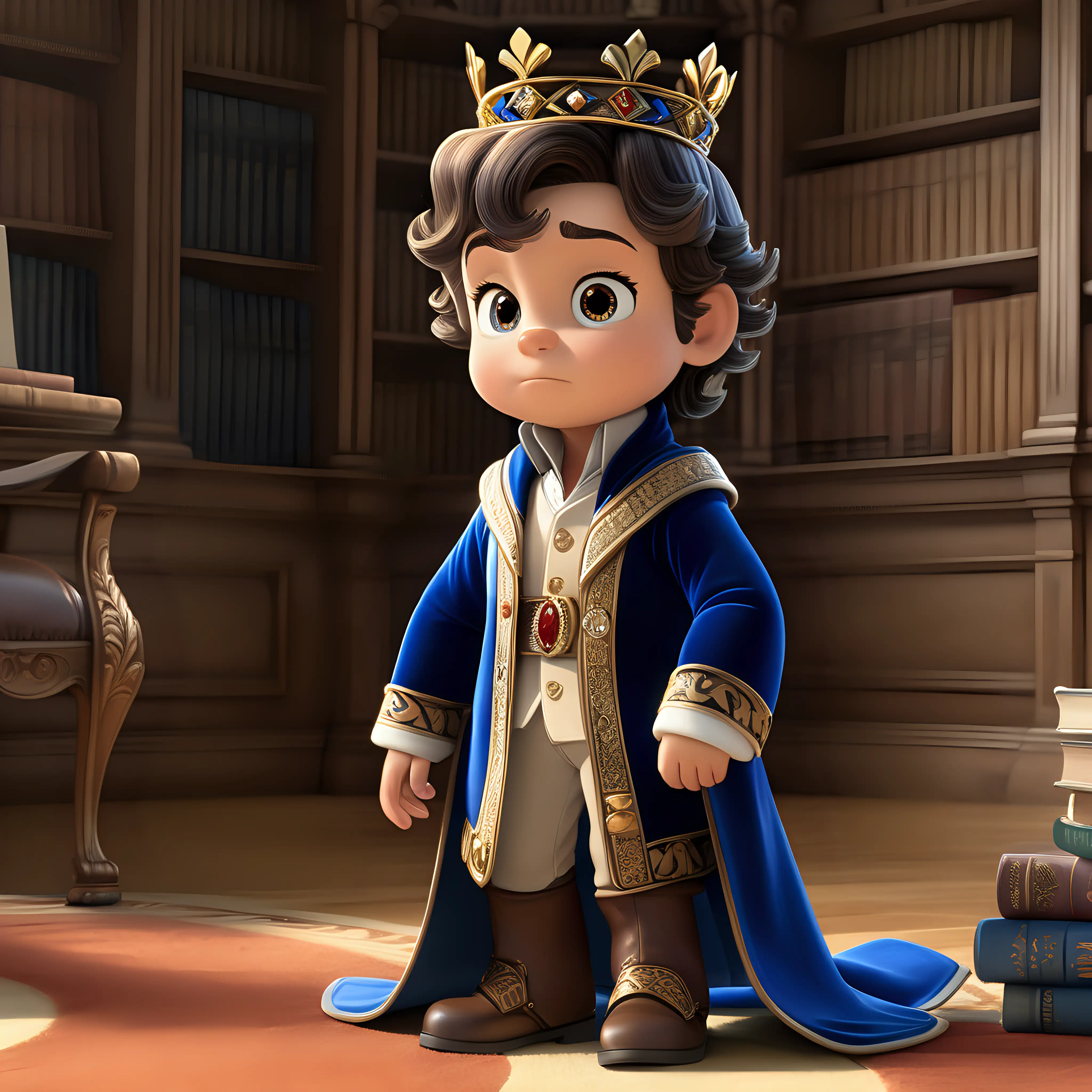 The charming three-year-old prince is dressed in regal attire that reflects his royal heritage with a touch of youthful elegance, perfect for a character in an animated series. He wears a simple yet distinguished royal blue velvet robe, devoid of excessive embellishments, exuding understated refinement even in its animated form. The robe is tailored to perfection, its rich hue complementing the warmth of the library's ambiance in the whimsical world of animation.

Around his waist, a slim belt of soft brown leather cinches the robe gently, adding a subtle accent without overshadowing the ensemble's grace. His trousers, fashioned from the same royal blue velvet, fall crisply, hinting at the meticulous attention to detail characteristic of animated characters.

Upon his feet, knee-high leather boots of a deep, polished brown complete the ensemble, their classic design adding a regal touch to his appearance while remaining faithful to the animated style. His dark brown locks, neatly styled but free-flowing, frame his face with an air of natural charm and innocence, their movement captured in the fluid lines of animation.

Atop his head rests a modest crown, crafted from polished gold without extravagant jewels, symbolizing his royal status with humility rather than opulence. It sits lightly upon his brow, a reminder of his heritage but not a distraction from the genuine curiosity and joy that light up his expressive brown eyes, which sparkle with life in the animated world.

In this refined yet approachable attire, the young prince embodies a timeless elegance that captivates all who behold him, his regal bearing softened by the genuine warmth of his spirit, beautifully rendered in the charming style of animation.
