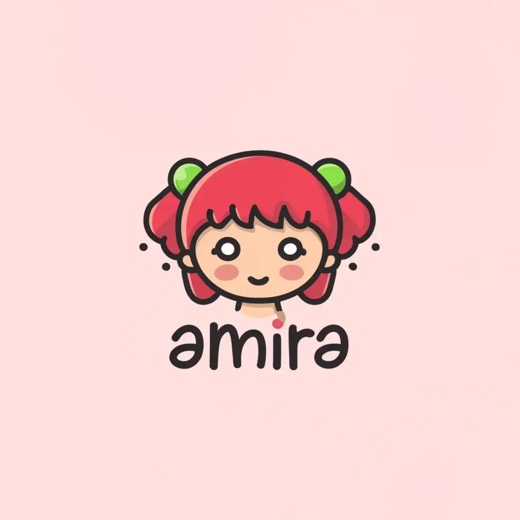 a logo design,with the text "Amira", main symbol:Chibi, girl, dot eyes, red hair, ponytail, freckles, pastels, cute, childish, Minimalistic, clear background,Moderate,clear background