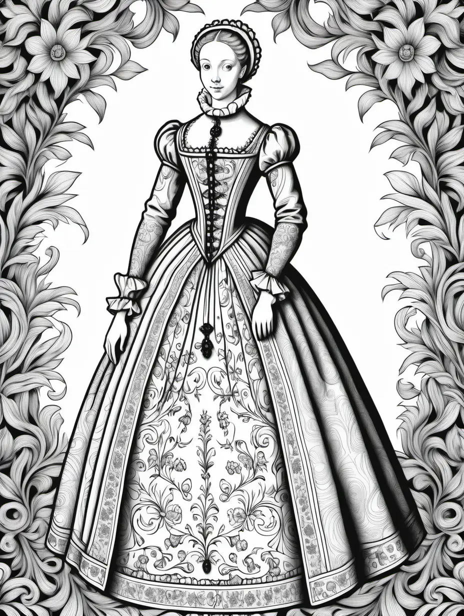 16th century women's dress, black and white, children's coloring book, doodle floral art background, black and white, no shading, thick black lines, clean edges, full page, color by number