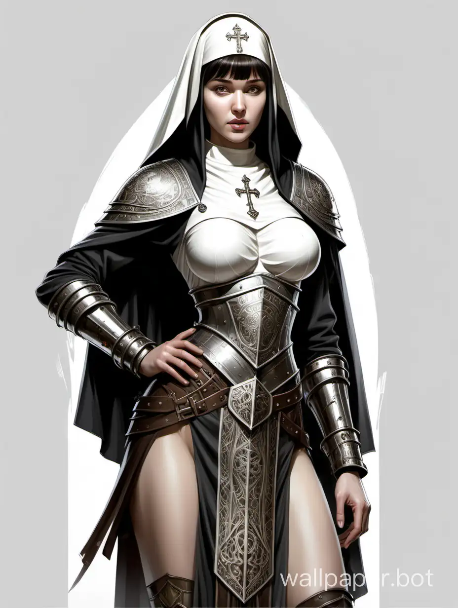 Svetlana Khodchenkova, a Russian girl, an inquisitor nun, short dark hair with bangs, large breasts size 4, narrow waist, wide hips, ancient armor with metallic decorations, bare abdomen, skirt with metallic overlays, black-and-white sketch, white background