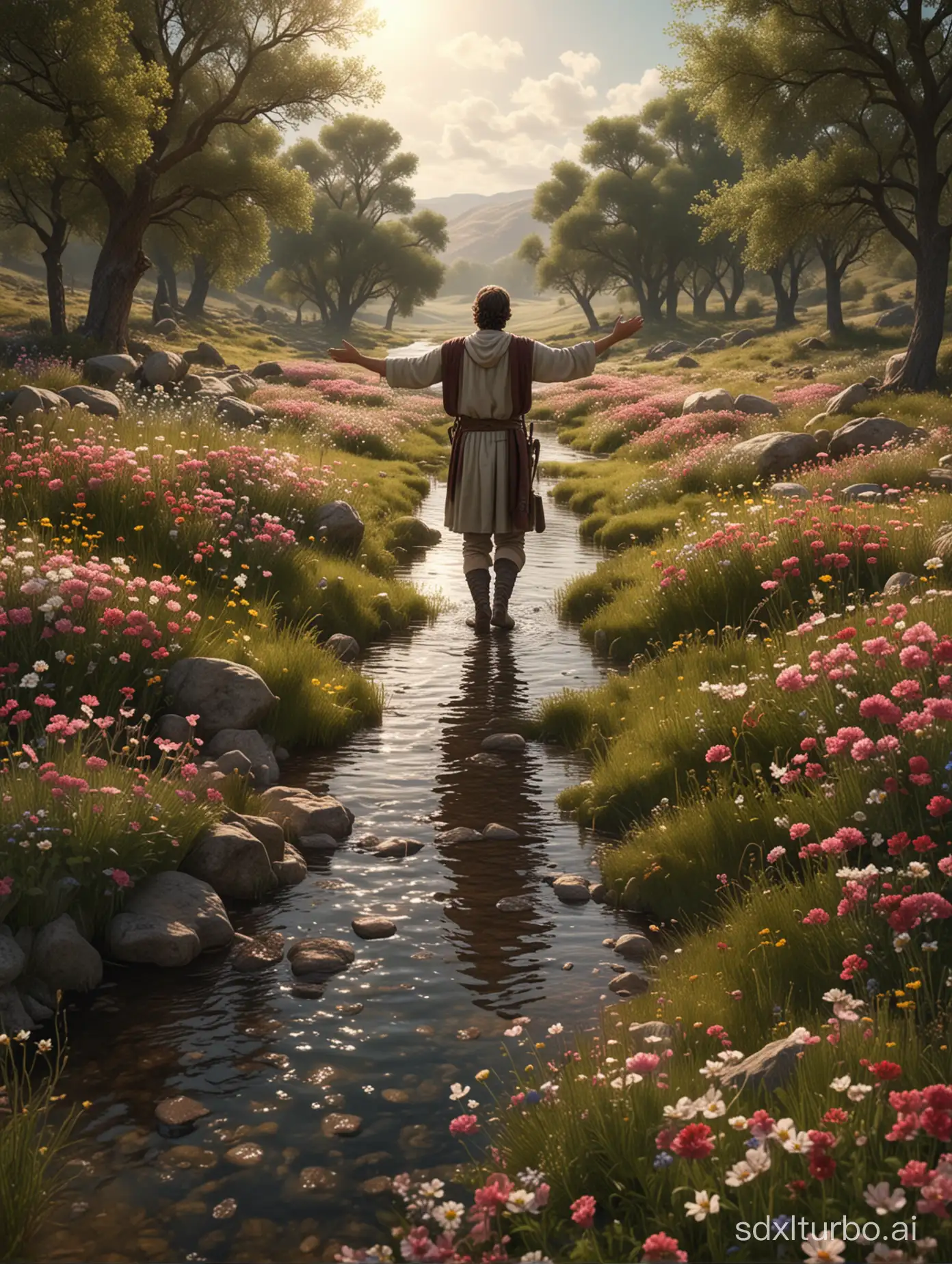 Ultra realistic biblical image with reference to Psalm 23 landscape with a flowery field and a peaceful stream with a biblical man with his arms outstretched, receiving God's provision in 8k format